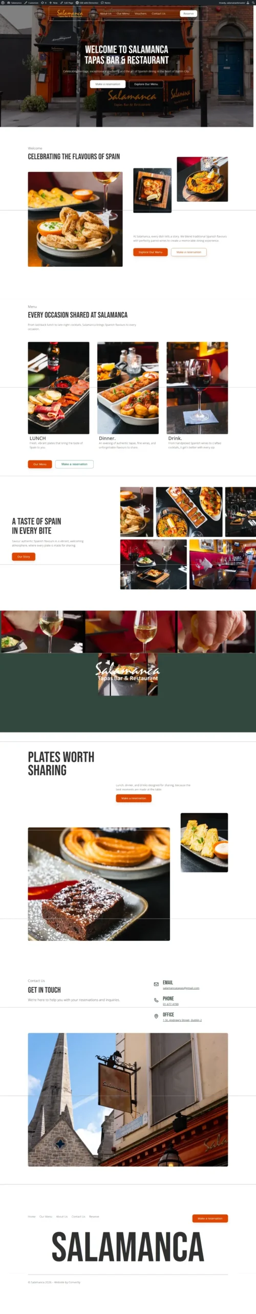 Salamanca Spanish tapas restaurant website homepage showcasing dining experience and menu in Dublin