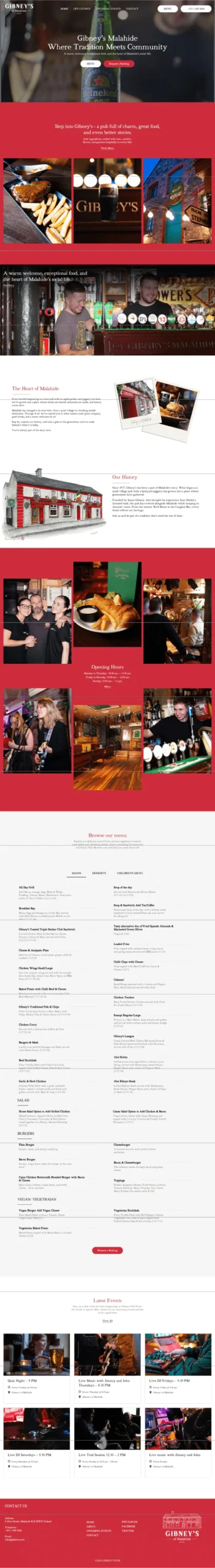 Gibneys of Malahide Irish pub website design showcasing food drinks events and hospitality experience