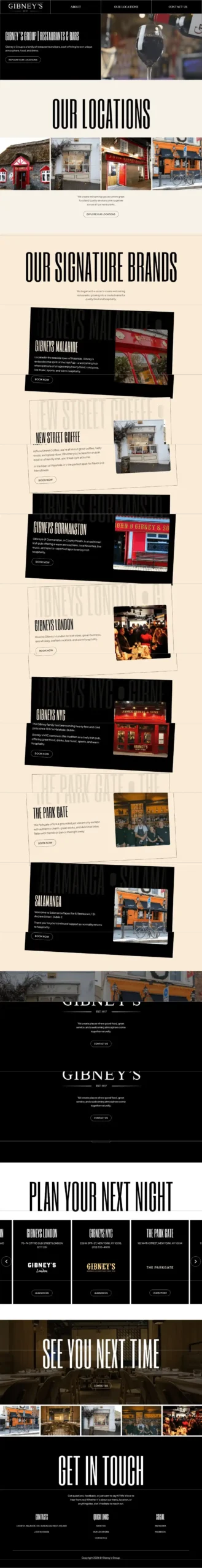 Gibneys hospitality website design showcasing Irish pub, restaurants and multi location venues