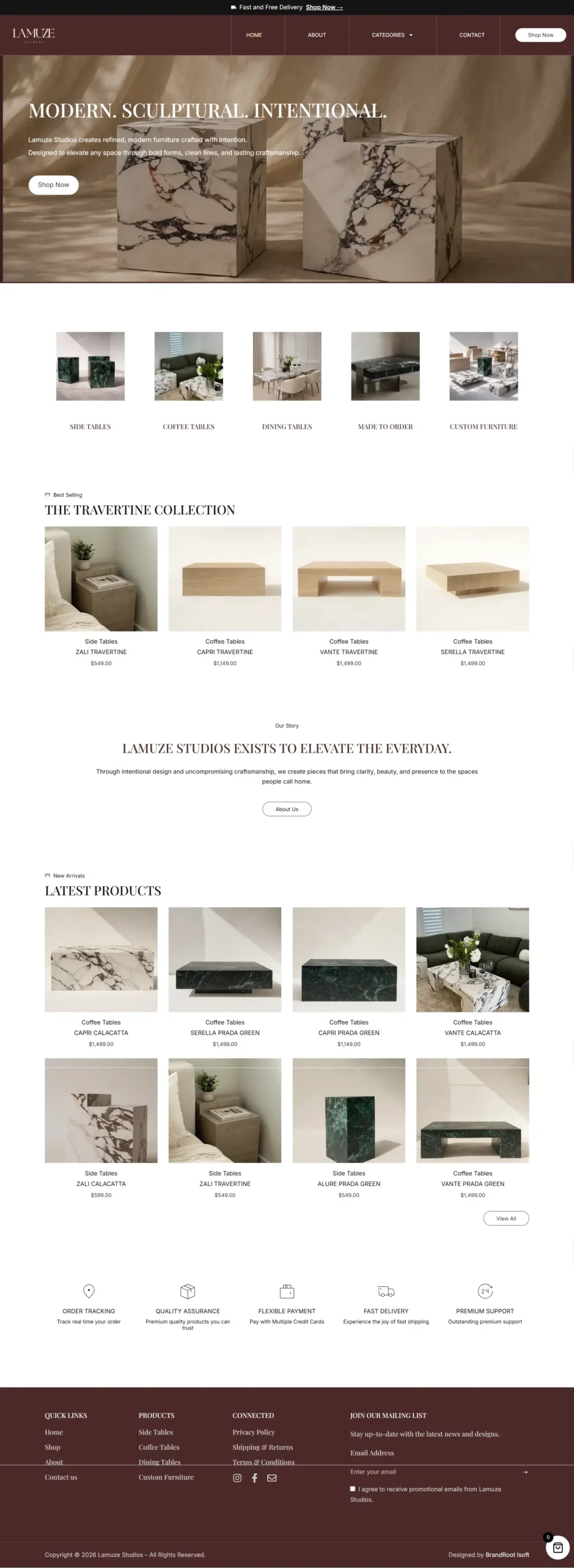 Lamuze Studios custom furniture website design showcasing handcrafted dining tables coffee tables and bespoke furniture